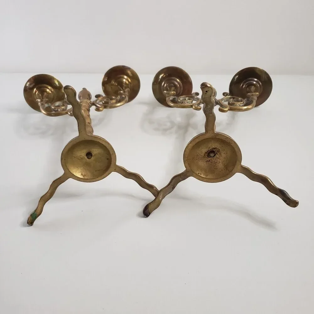 Antique Brass Candlesticks Twist Swirl Scroll Pair Double Candelabra Holders